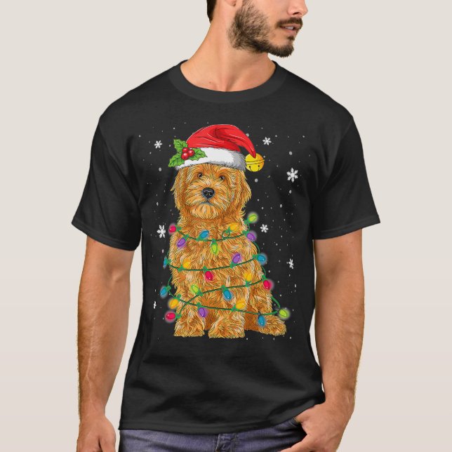 Goldendoodle jul Santa Hat Fairy Ljus T Shirt (Framsida)