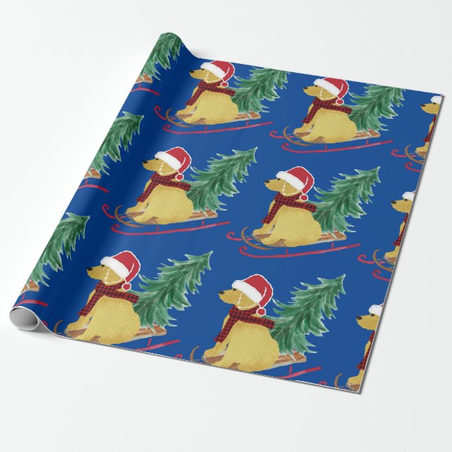 Goldendoodle jul Sled Blue Wrapping Papper Presentpapper (Utrullad)