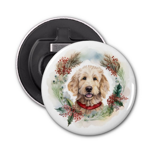 Goldendoodle jul Utandning Festive Valp Flasköppnare (Framsidan)