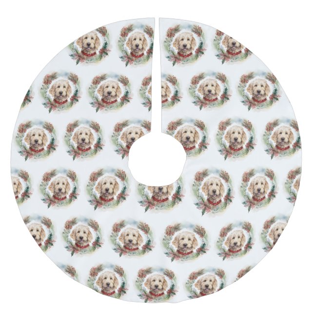 Goldendoodle jul Utandning Festive Valp Julgransmatta Borstad Polyester (Framsidan)