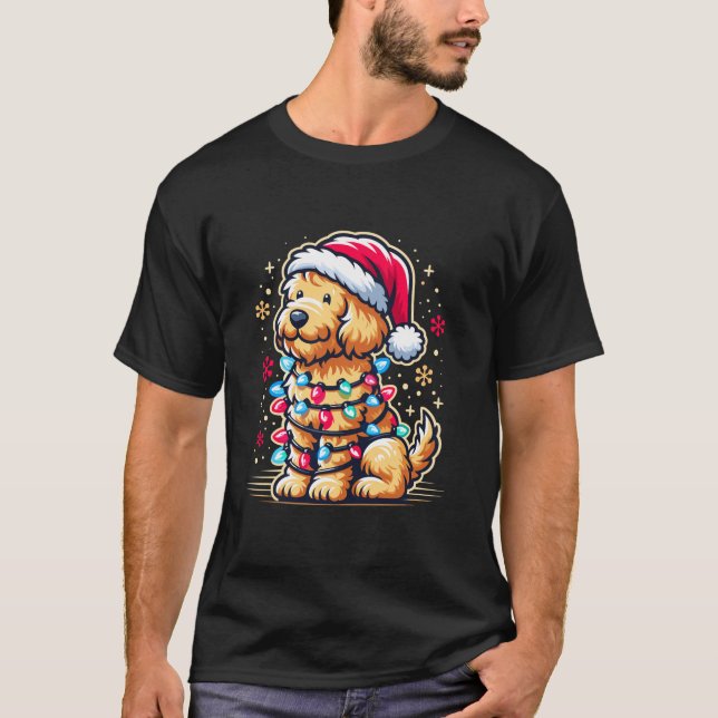 Goldendoodle Julgran Julafton Ljus Santa Guld T Shirt (Framsida)