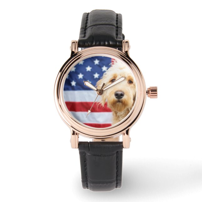 Goldendoodle med amerikansk Flagga Armbandsur (Framsida)