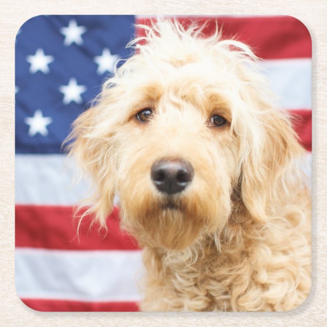 Goldendoodle med amerikansk Flagga Underlägg Papper Kvadrat (Framsidan)