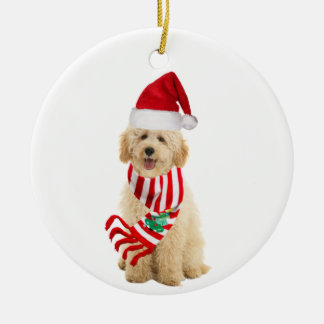 Goldendoodle med hög jultomte julgransprydnad keramik