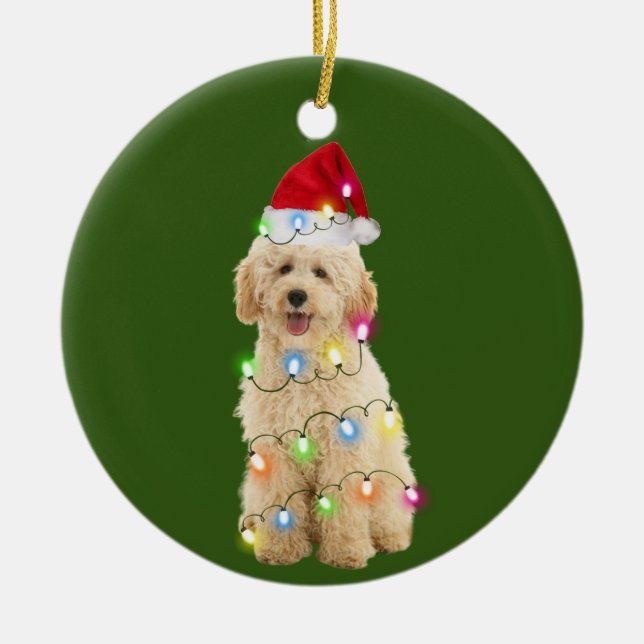 Goldendoodle med julskafter Santa Hat Julgransprydnad Keramik (Framsidan)