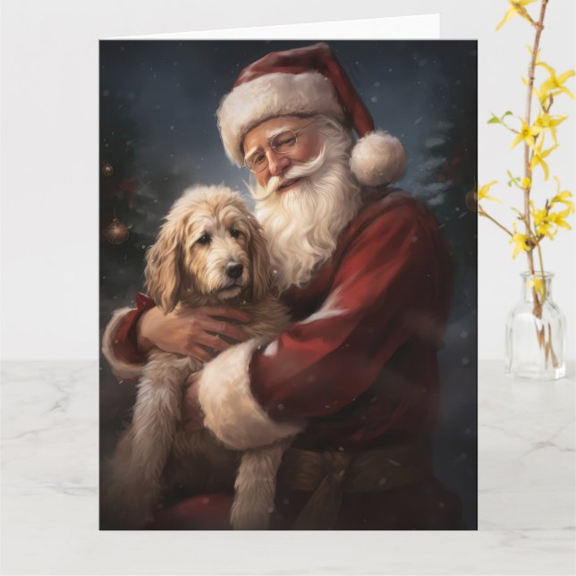 Goldendoodle med Jultomten julafton Kort (Gul blomma)