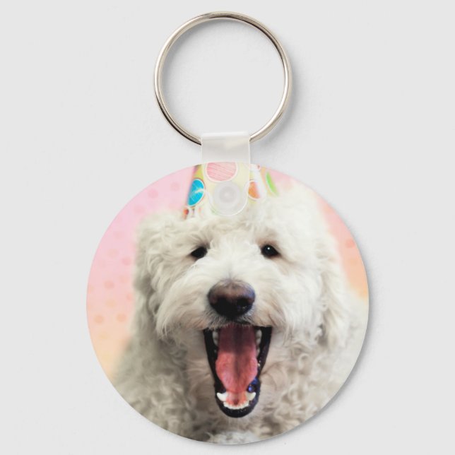 Goldendoodle med Party Hat Nyckelring (Framsida)