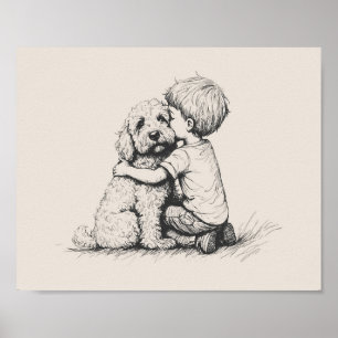 goldendoodle och pojke  poster