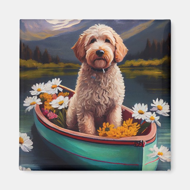 Goldendoodle på paddel: Ett naturskönt äventyr Magnet (Framsidan)