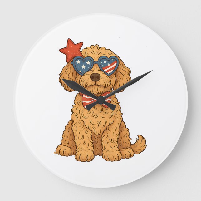 Goldendoodle Patriotisk Clipart Stor Klocka (Framsida)