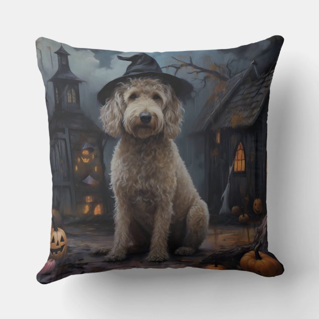 Goldendoodle Pumpa Halloween Skräckinjagande Kudde (Baksida)