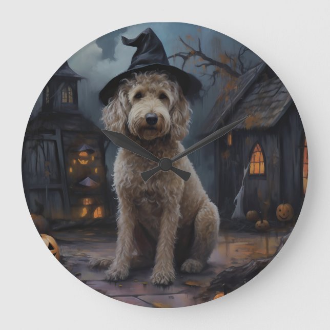 Goldendoodle Pumpa Halloween Skräcklig Stor Klocka (Framsida)