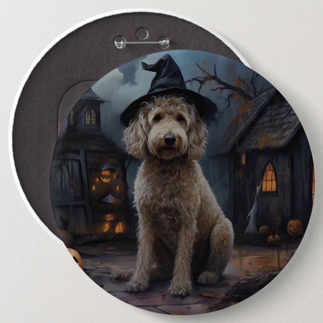 Goldendoodle Pumpkins Halloween Scary Knapp (Framsida & baksida)