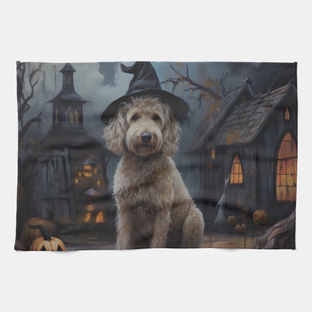 Goldendoodle Pumpkins Halloween Scary Kökshandduk (Horisontell)