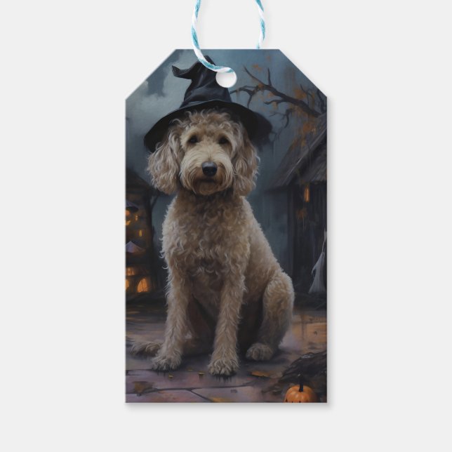 Goldendoodle Pumpkins Halloween Scary Presentetikett (Framsidan)