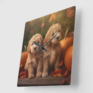Goldendoodle Puppy Autumn Delight Pumpkin Fyrkantig Klocka
