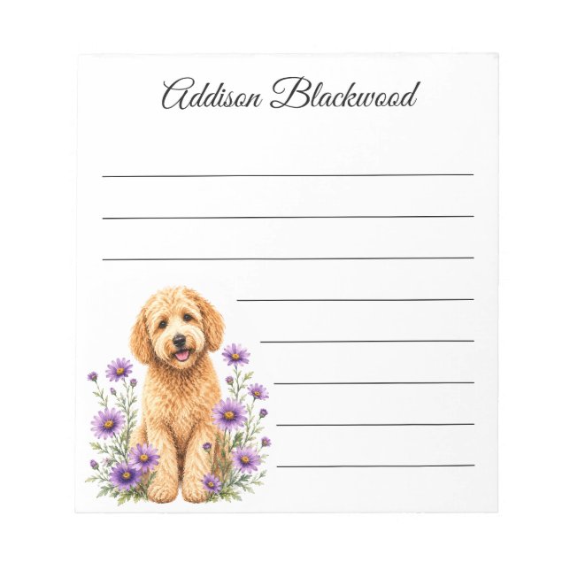 Goldendoodle Purple Daisies Lined Personalized Anteckningsblock (Framsida)
