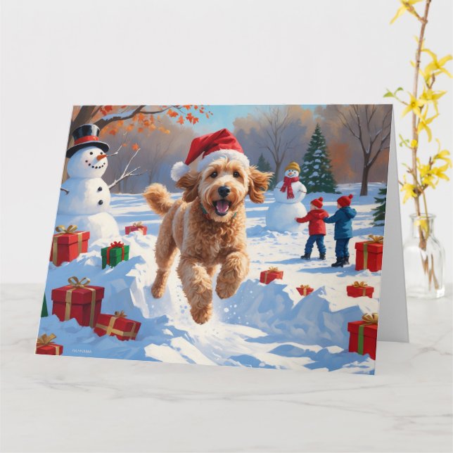 Goldendoodle Runin i Snö med julklapp Kort (Gul blomma)