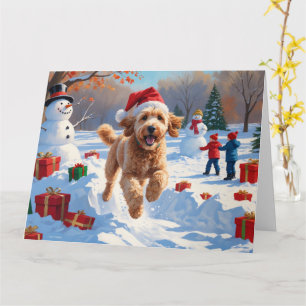 Goldendoodle Runin i Snö med julklapp Kort