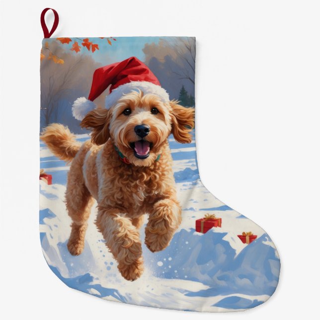 Goldendoodle Runin i Snö med julklapp Stor Julstrumpa (Framsidan)