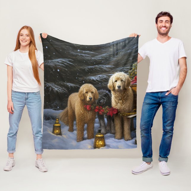 Goldendoodle Snöig Släd Jul Dekoration Fleecefilt (På plats)