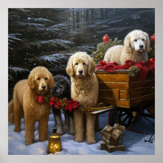 Goldendoodle Snöig Släde Juldekoration Poster (Framsidan)