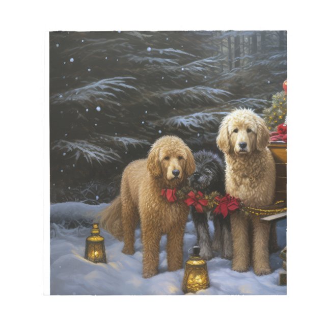 Goldendoodle Snowy Sleigh-juldekretet Anteckningsblock (Framsida)