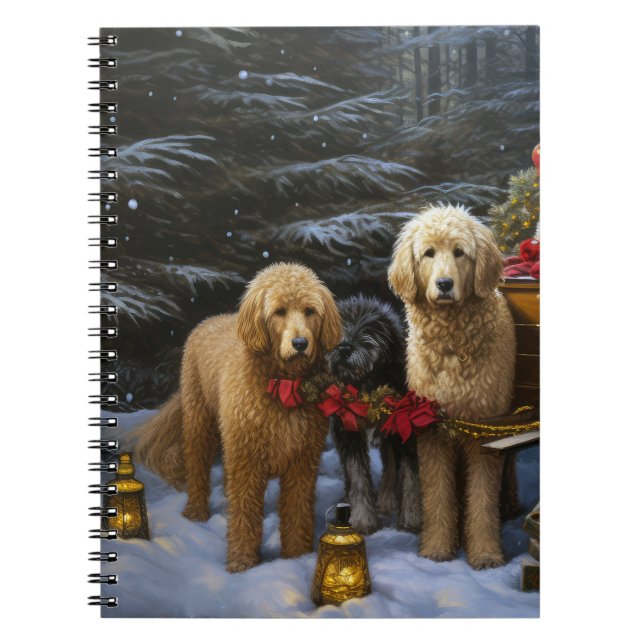 Goldendoodle Snowy Sleigh-juldekretet Anteckningsbok (Framsidan)