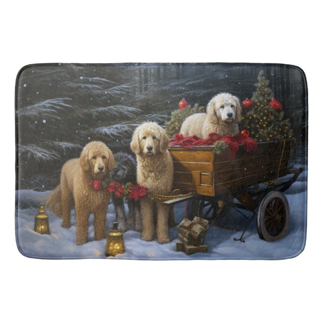 Goldendoodle Snowy Sleigh-juldekretet Badrumsmatta (Framsidan)