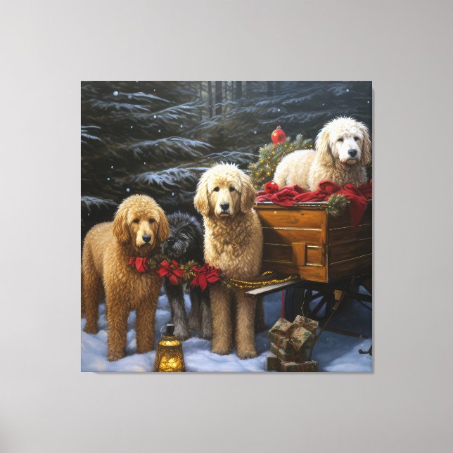 Goldendoodle Snowy Sleigh-juldekretet Canvastryck (Framsida)