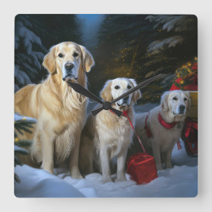 Goldendoodle Snowy Sleigh-juldekretet Fyrkantig Klocka