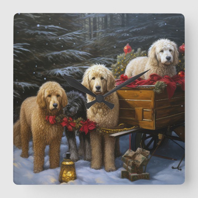 Goldendoodle Snowy Sleigh-juldekretet Fyrkantig Klocka (Framsida)