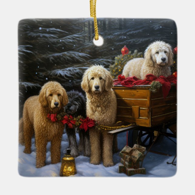 Goldendoodle Snowy Sleigh-juldekretet Julgransprydnad Keramik (Framsida)