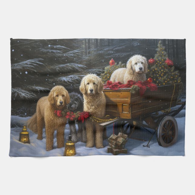 Goldendoodle Snowy Sleigh-juldekretet Kökshandduk (Horisontell)