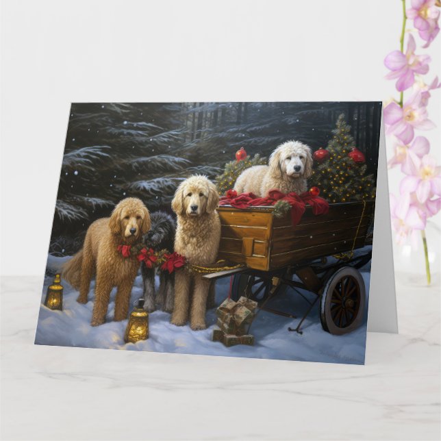 Goldendoodle Snowy Sleigh-juldekretet Kort (Orkide)