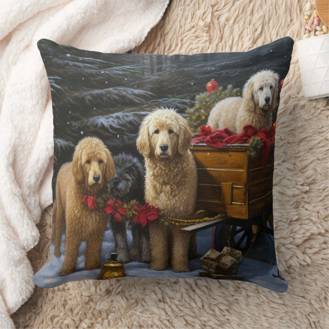 Goldendoodle Snowy Sleigh-juldekretet Kudde (Filt)