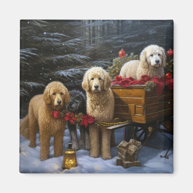 Goldendoodle Snowy Sleigh-juldekretet Magnet (Framsidan)