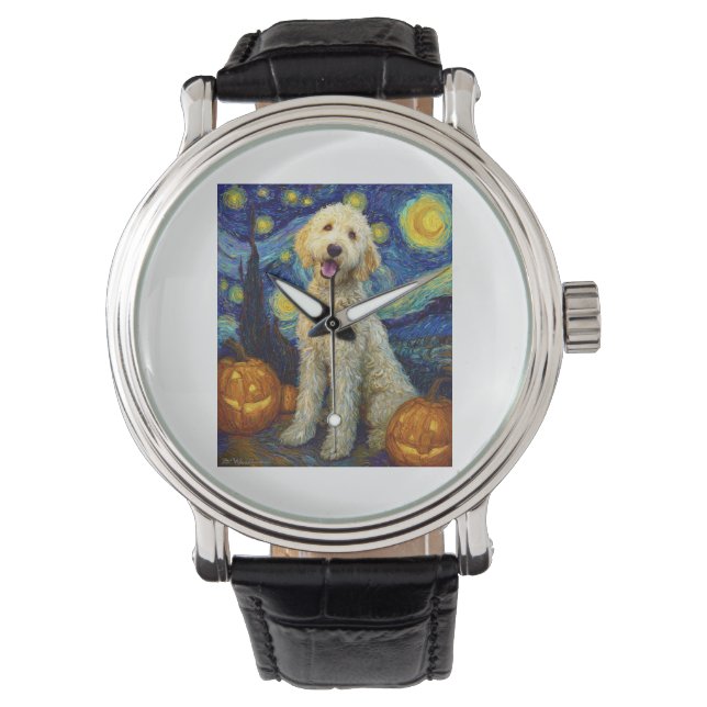 Goldendoodle Söt Hund Halloween Jack O Lantern Pum Armbandsur (Framsida)