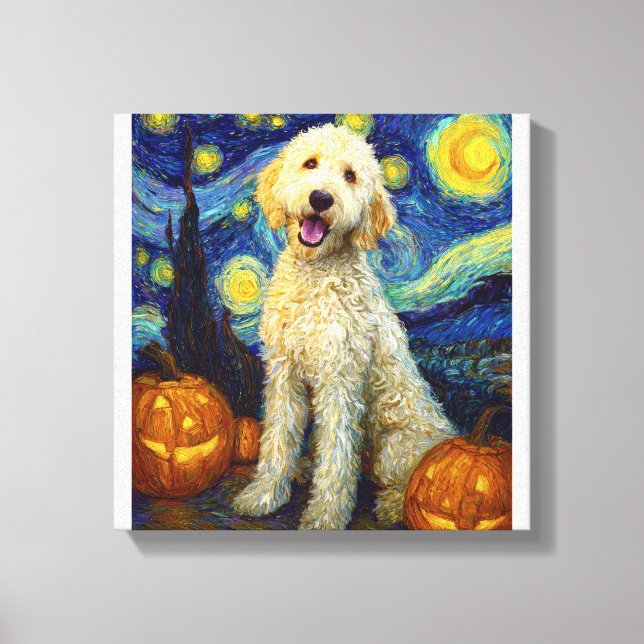 Goldendoodle Söt Hund Halloween Jack O Lantern Pum Canvastryck (Framsida)