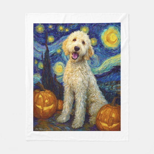 Goldendoodle Söt Hund Halloween Jack O Lantern Pum Fleecefilt (Framsidan)