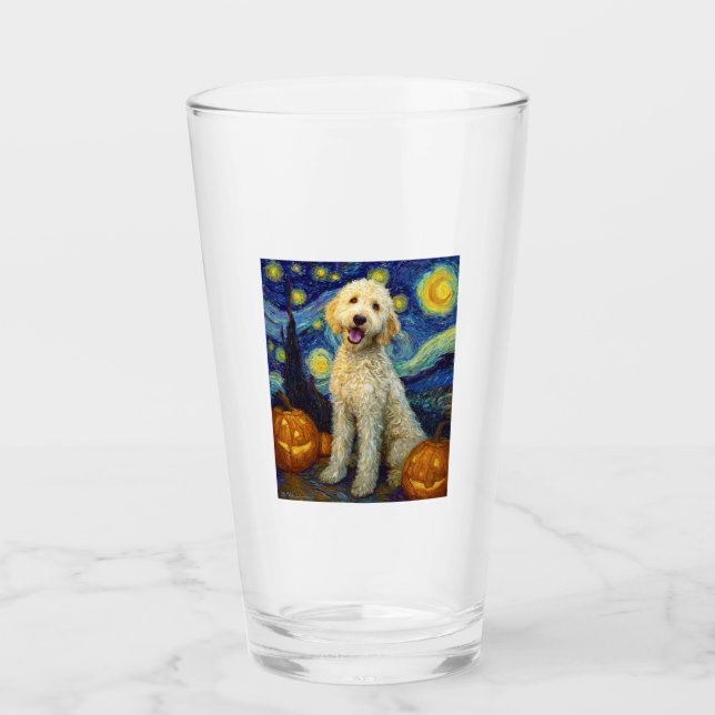 Goldendoodle Söt Hund Halloween Jack O Lantern Pum Glaskopp (Framsida)