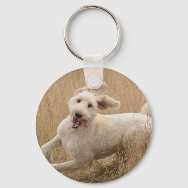 Goldendoodle Springa through Grass Nyckelring (Framsida)