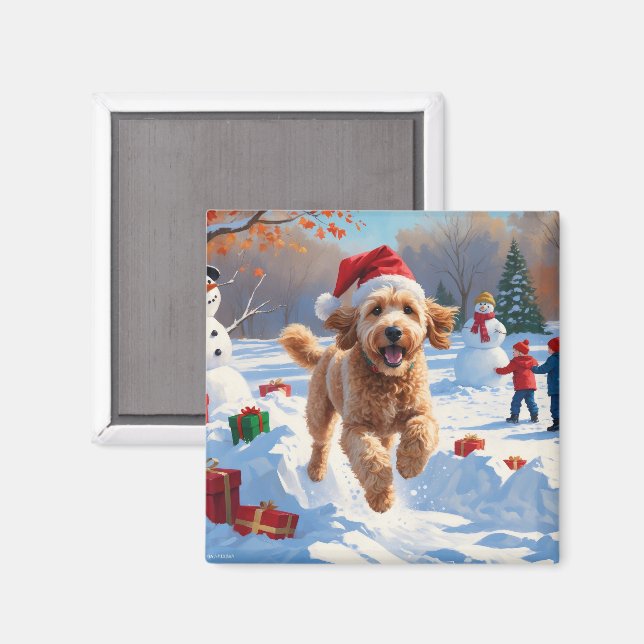 Goldendoodle springer i snö med julhatt magnet (Front/Back)