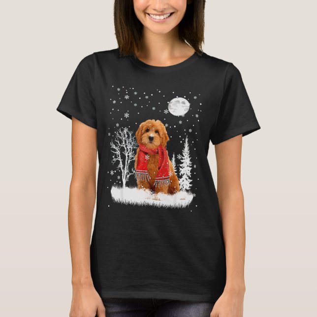 Goldendoodle Under Moonlight Snow Christmas Pajama T Shirt (Framsida)