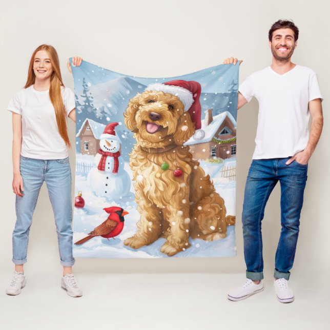 Goldendoodle Vinter Värld Julglädje Fleecefilt (På plats)