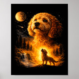 Goldendoodle Ylar Mot Månen Vintage Roligt Mys Poster