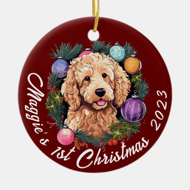 Goldendoodles första jul julgransprydnad keramik (Framsidan)