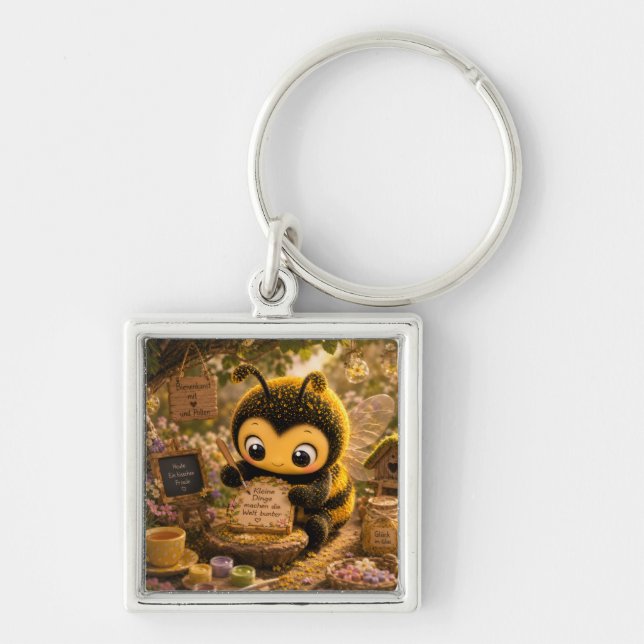 Goldene Hummel im Blütentanz.10 Fyrkantig Silverfärgad Nyckelring (Framsidan)
