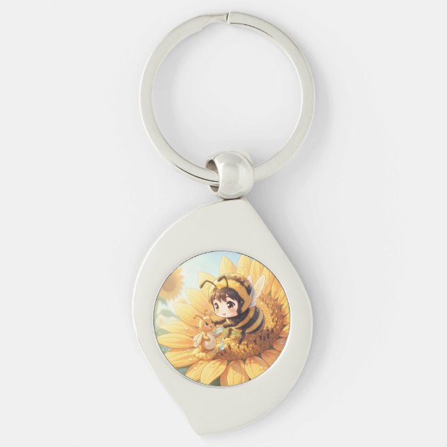 Goldene Hummel im Blütentanz.7 Swirl Silverfärgad Nyckelring (Framsidan)