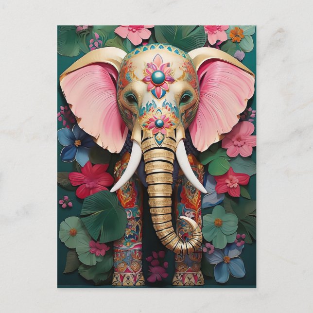 goldener Elefant mit bunten Blumen Vykort (Framsida)
